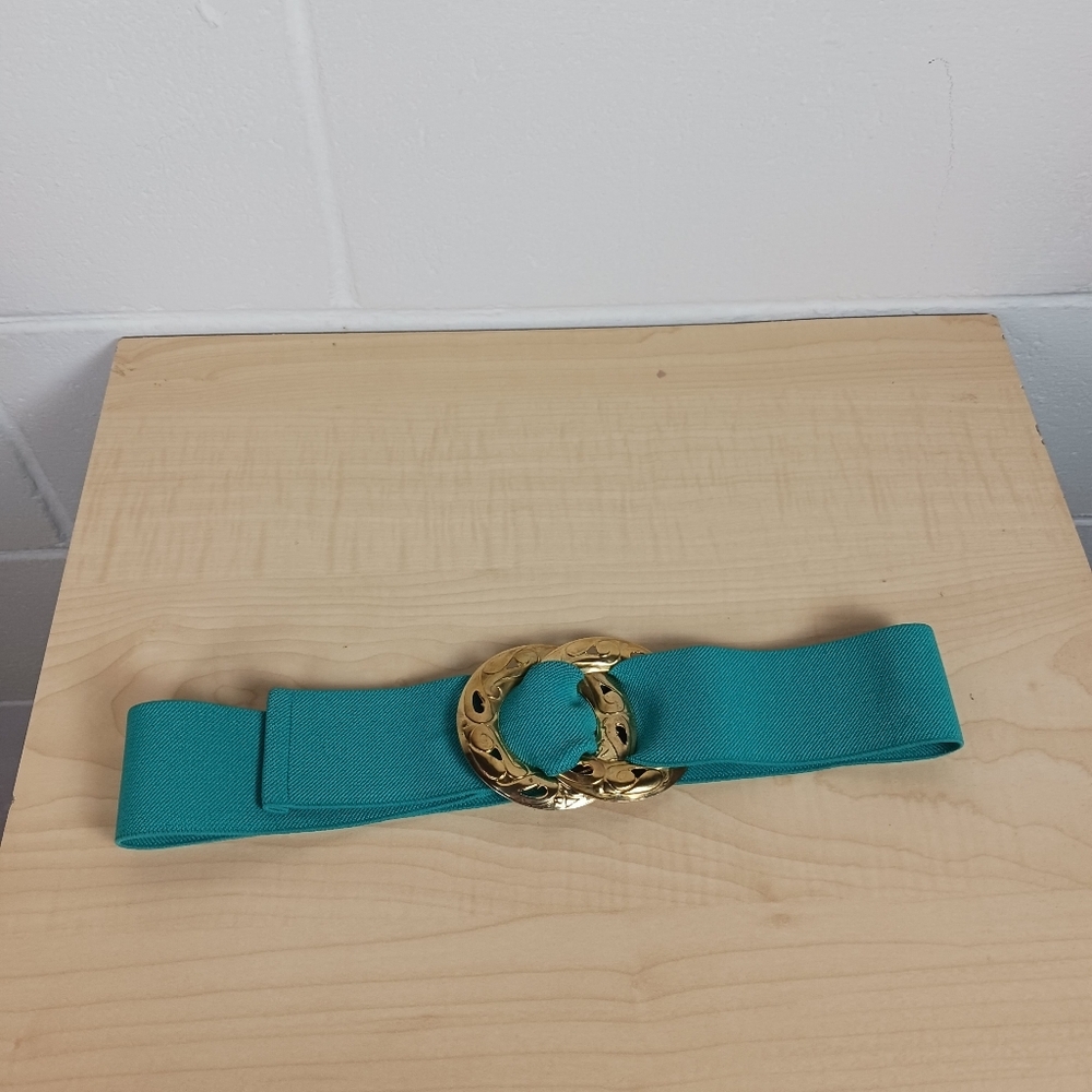 VTG Turquoise Wide Stretch Belt Gold Tone Round Buckle Retro 80s  Cinch‎ Waist